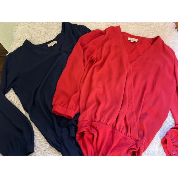 LOFT Lot 2 Blouses Bodysuit Navy Blue Red Small Bundle - Picture 1 of 6
